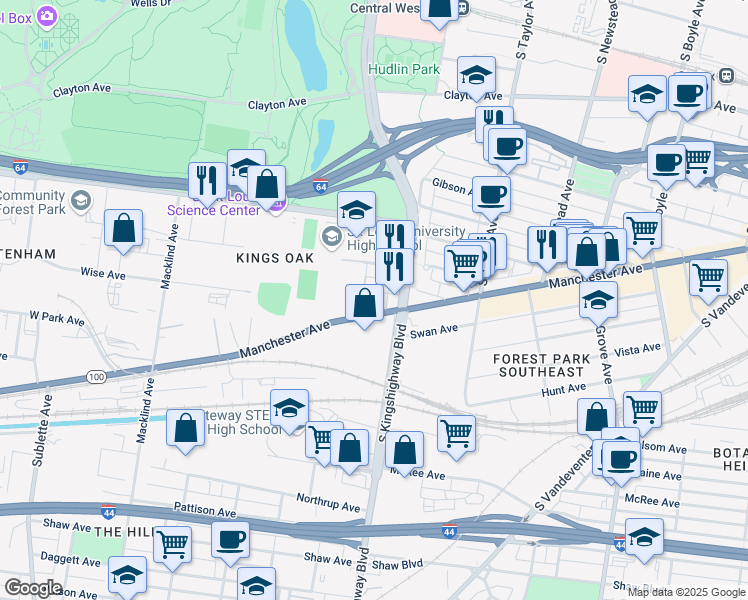 map of restaurants, bars, coffee shops, grocery stores, and more near 1175 South Kingshighway Boulevard in St. Louis