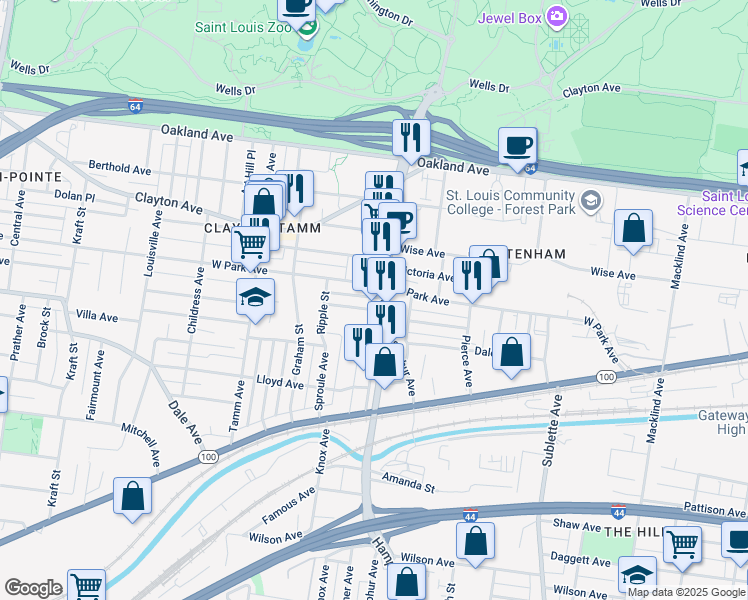 map of restaurants, bars, coffee shops, grocery stores, and more near 6108 West Park Avenue in St. Louis