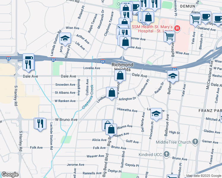 map of restaurants, bars, coffee shops, grocery stores, and more near 1428 Woodland Drive in Richmond Heights