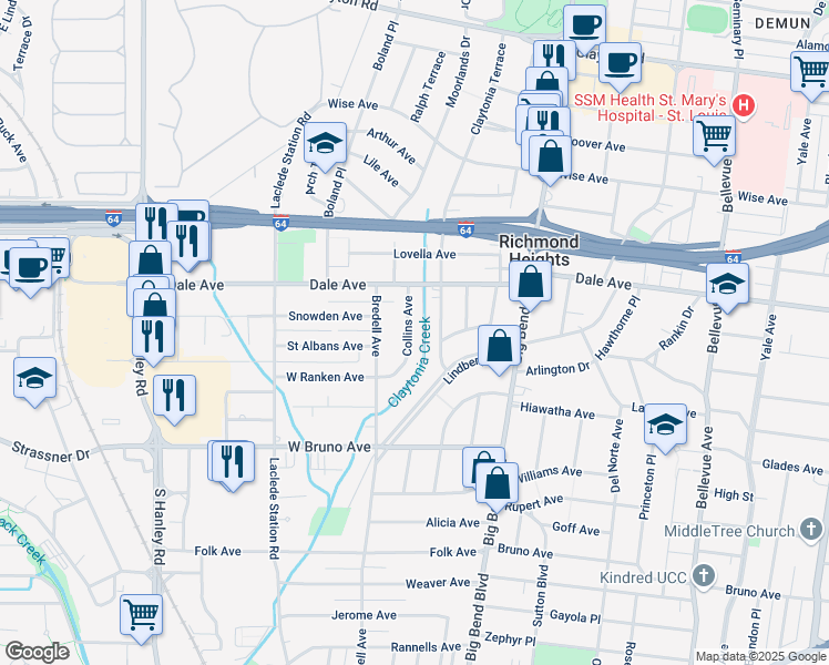 map of restaurants, bars, coffee shops, grocery stores, and more near 1436 Collins Avenue in St. Louis