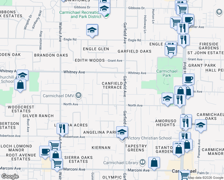 map of restaurants, bars, coffee shops, grocery stores, and more near 3319 Mensch Court in Carmichael