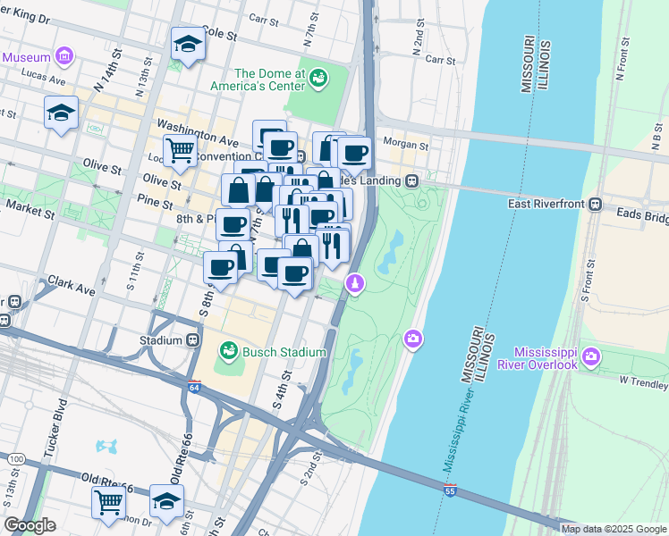 map of restaurants, bars, coffee shops, grocery stores, and more near 315 Chestnut Street in St. Louis