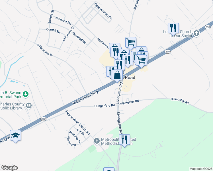 map of restaurants, bars, coffee shops, grocery stores, and more near 6934 Indian Head Highway in Bryans Road