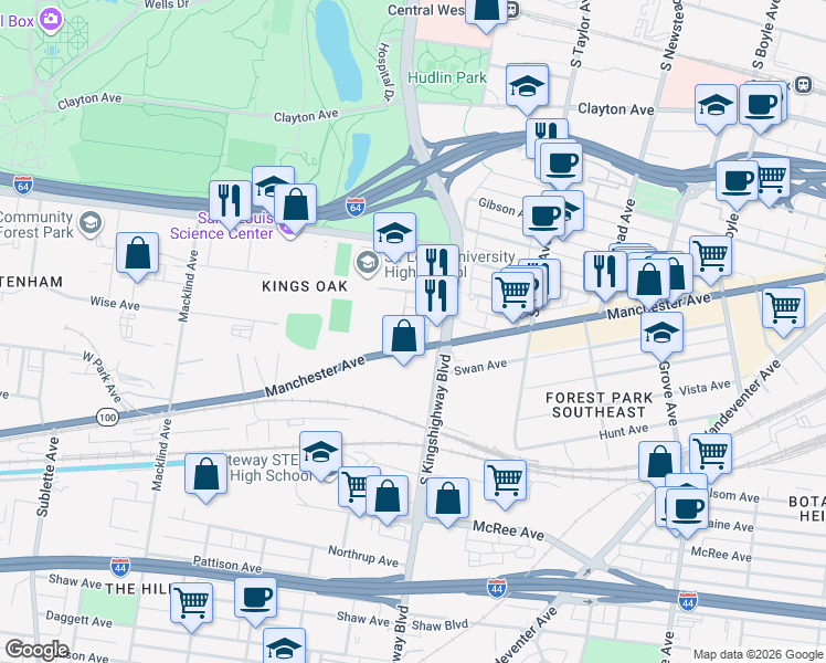 map of restaurants, bars, coffee shops, grocery stores, and more near 1175 South Kingshighway Boulevard in St. Louis