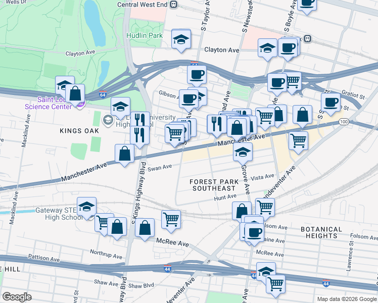 map of restaurants, bars, coffee shops, grocery stores, and more near 4434 Manchester Avenue in St. Louis