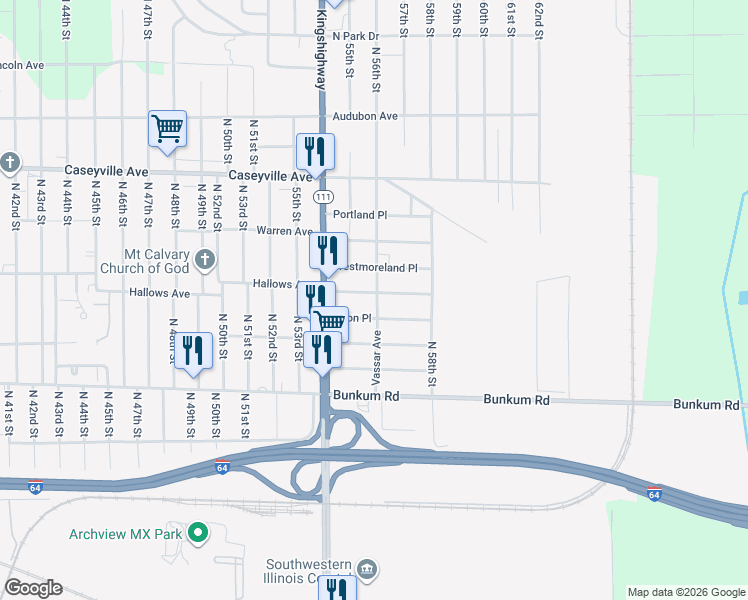 map of restaurants, bars, coffee shops, grocery stores, and more near 5627 Hallows Avenue in East St. Louis
