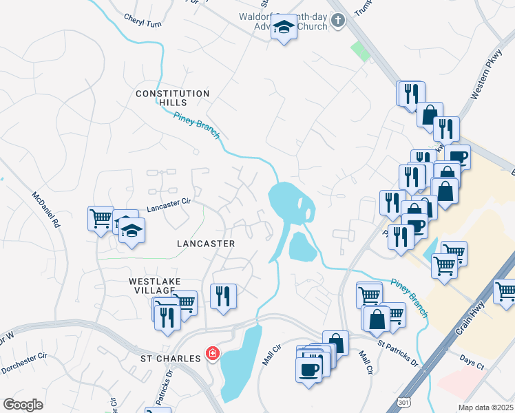 map of restaurants, bars, coffee shops, grocery stores, and more near 4283 Drake Court in Waldorf