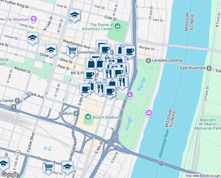 map of restaurants, bars, coffee shops, grocery stores, and more near in St. Louis