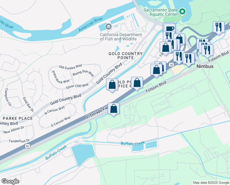 map of restaurants, bars, coffee shops, grocery stores, and more near 11971 Foundation Place in Gold River