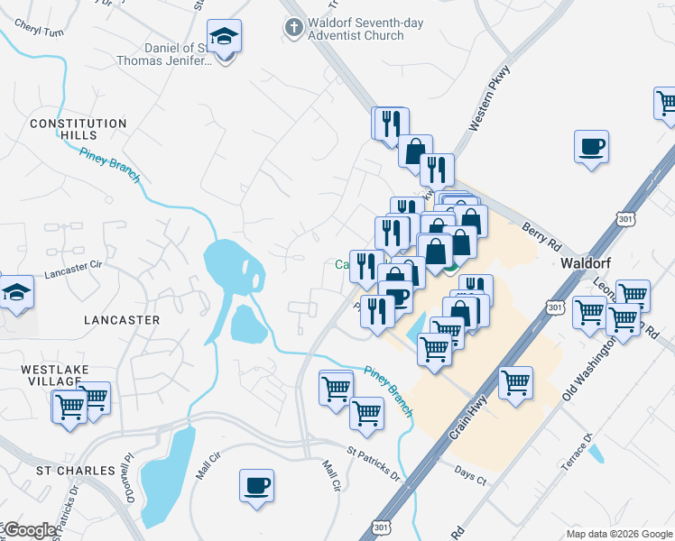 map of restaurants, bars, coffee shops, grocery stores, and more near 11206 Barnswallow Place in Waldorf
