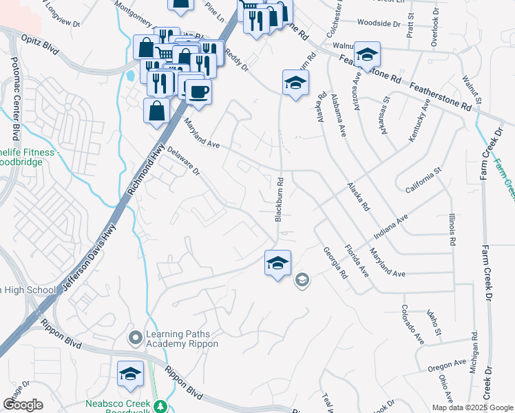 map of restaurants, bars, coffee shops, grocery stores, and more near 15022 Blackburn Road in Woodbridge