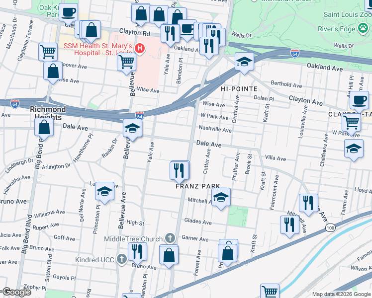 map of restaurants, bars, coffee shops, grocery stores, and more near in St. Louis