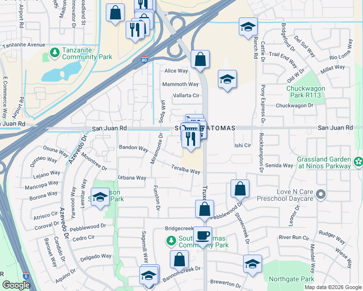 map of restaurants, bars, coffee shops, grocery stores, and more near 550 Del Verde Circle in Sacramento