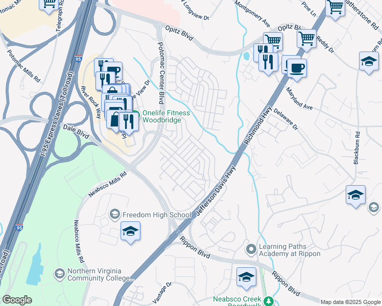 map of restaurants, bars, coffee shops, grocery stores, and more near 2228 Margraf Circle in Woodbridge