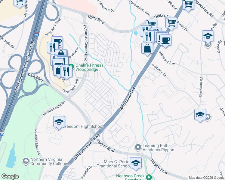 map of restaurants, bars, coffee shops, grocery stores, and more near 2231 Potomac Club Parkway in Woodbridge