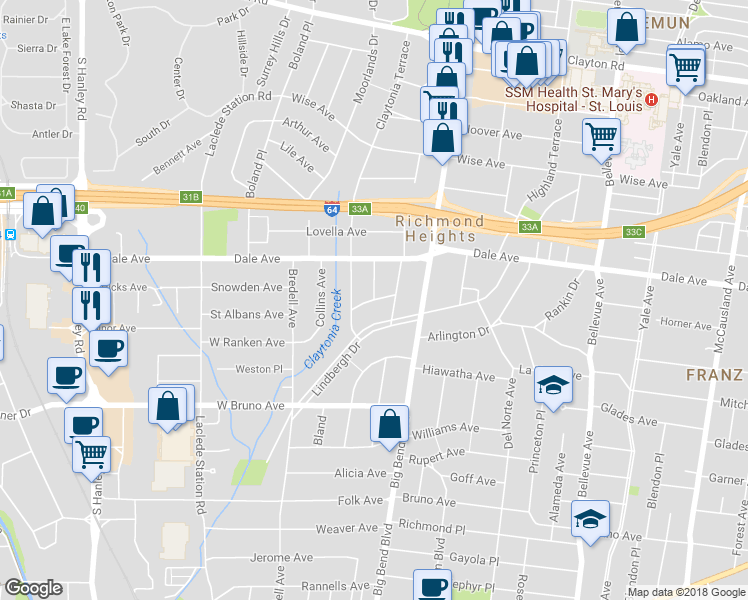 map of restaurants, bars, coffee shops, grocery stores, and more near Council Place in Richmond Heights