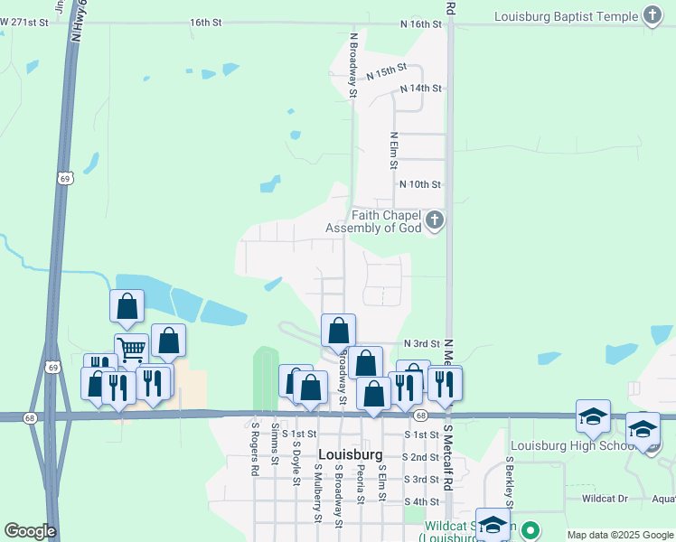 map of restaurants, bars, coffee shops, grocery stores, and more near 606 North Broadway Street in Louisburg