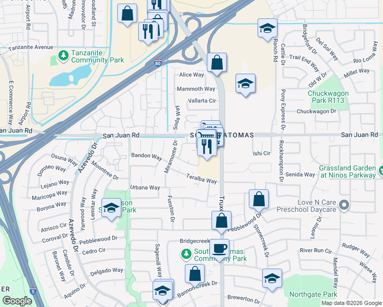 map of restaurants, bars, coffee shops, grocery stores, and more near 550 Del Verde Circle in Sacramento