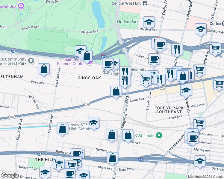 map of restaurants, bars, coffee shops, grocery stores, and more near 4950 Wise Avenue in St. Louis