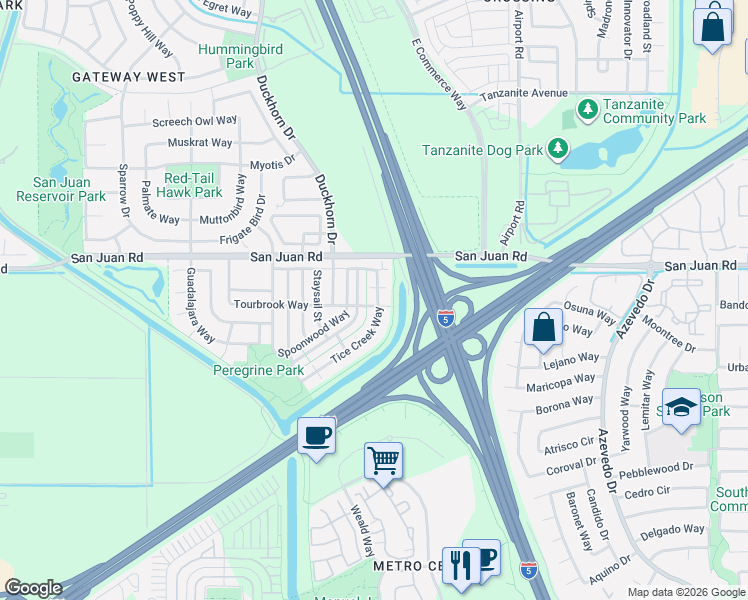 map of restaurants, bars, coffee shops, grocery stores, and more near 2561 Tourbrook Way in Sacramento