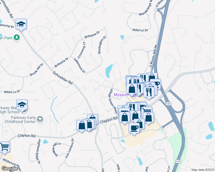 map of restaurants, bars, coffee shops, grocery stores, and more near Tramore Drive in Chesterfield