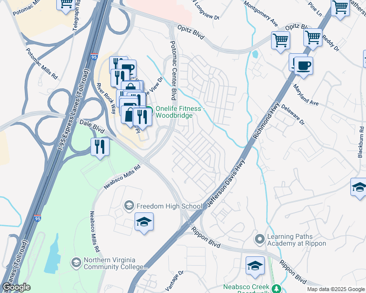 map of restaurants, bars, coffee shops, grocery stores, and more near 2334 Merseyside Drive in Woodbridge