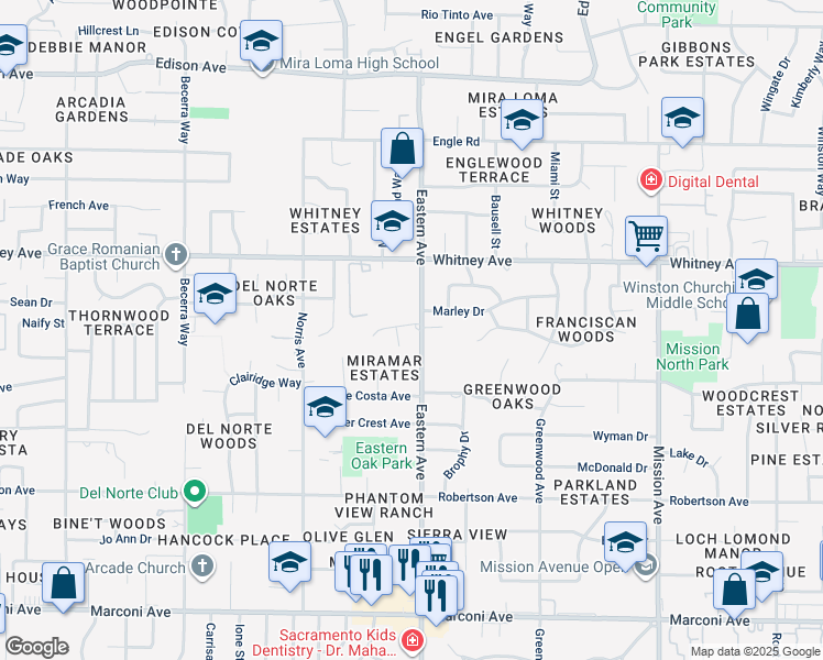 map of restaurants, bars, coffee shops, grocery stores, and more near 4248 Oterol Court in Sacramento