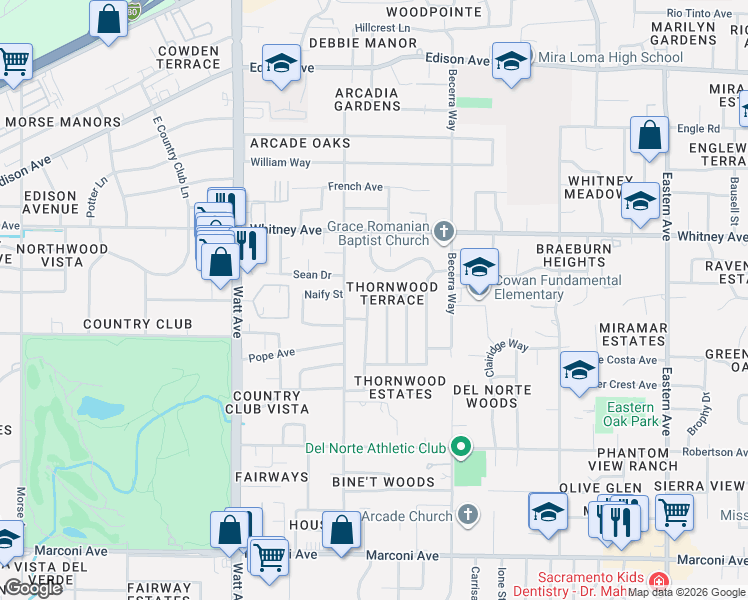 map of restaurants, bars, coffee shops, grocery stores, and more near 3805 Regent Road in Sacramento