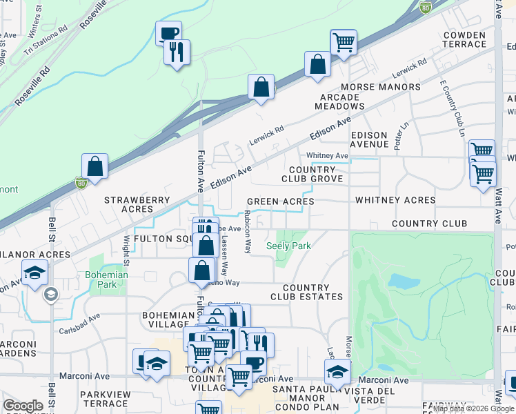 map of restaurants, bars, coffee shops, grocery stores, and more near 2700 Clover Lane in Sacramento