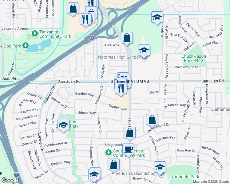 map of restaurants, bars, coffee shops, grocery stores, and more near 550 Del Verde Circle in Sacramento