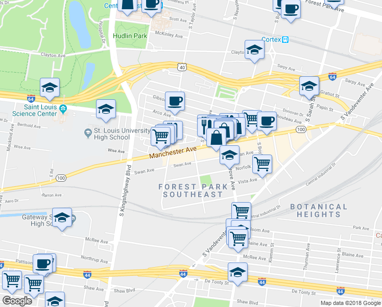 map of restaurants, bars, coffee shops, grocery stores, and more near 4370 Manchester Avenue in St. Louis