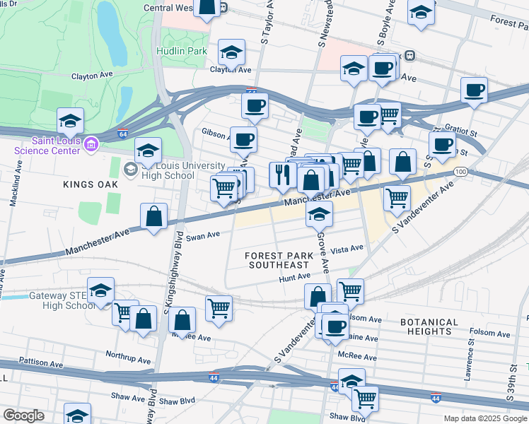 map of restaurants, bars, coffee shops, grocery stores, and more near 4370 Manchester Avenue in St. Louis