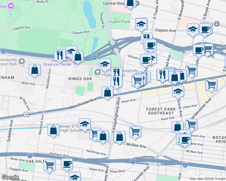 map of restaurants, bars, coffee shops, grocery stores, and more near 1175 South Kingshighway Boulevard in St. Louis