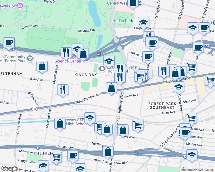 map of restaurants, bars, coffee shops, grocery stores, and more near 4950 Wise Avenue in St. Louis