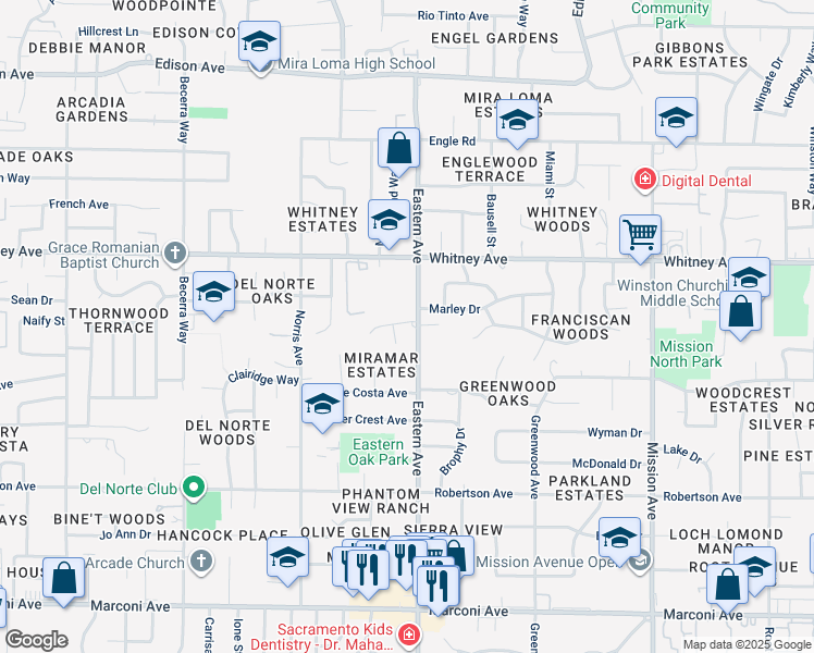 map of restaurants, bars, coffee shops, grocery stores, and more near 4248 Oterol Court in Sacramento