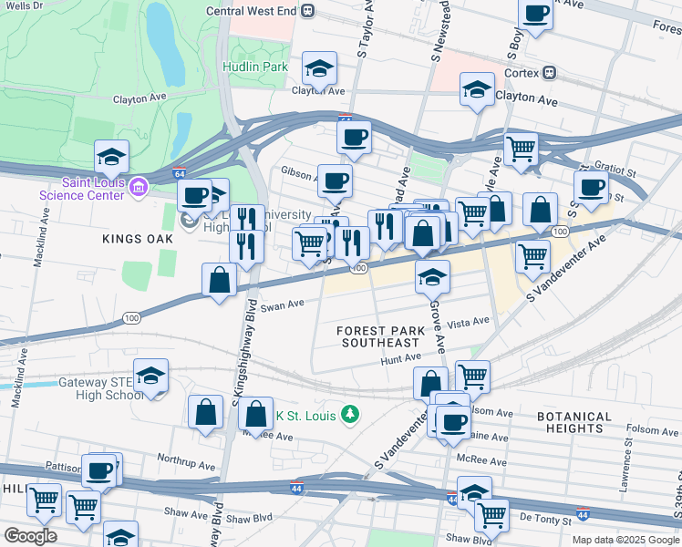 map of restaurants, bars, coffee shops, grocery stores, and more near 4434 Manchester Avenue in St. Louis