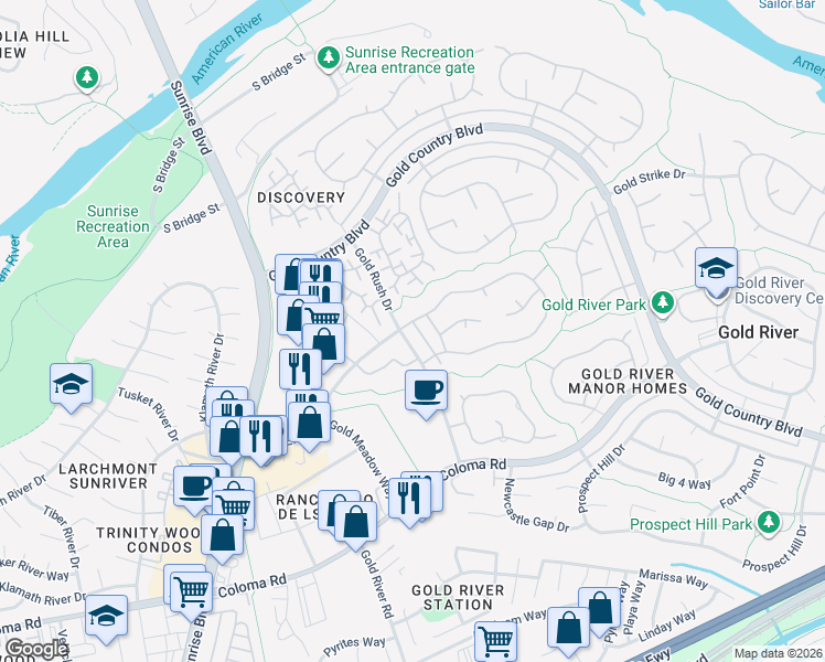 map of restaurants, bars, coffee shops, grocery stores, and more near 2101 Gold Rush Drive in Gold River