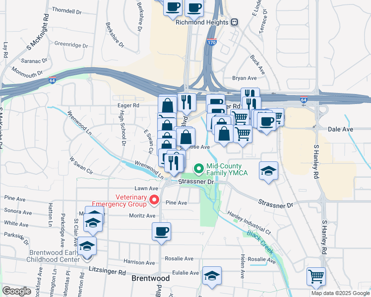 map of restaurants, bars, coffee shops, grocery stores, and more near 1710 South Brentwood Boulevard in Brentwood