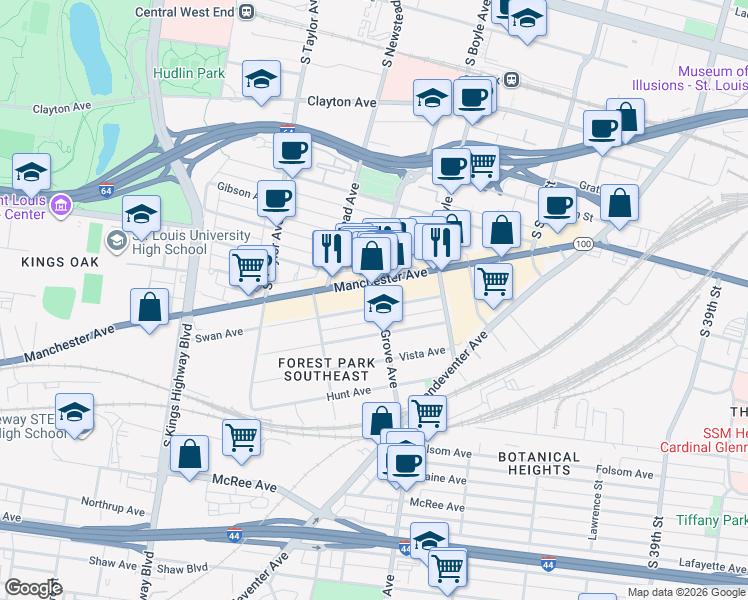 map of restaurants, bars, coffee shops, grocery stores, and more near 1119 Tower Grove Avenue in St. Louis