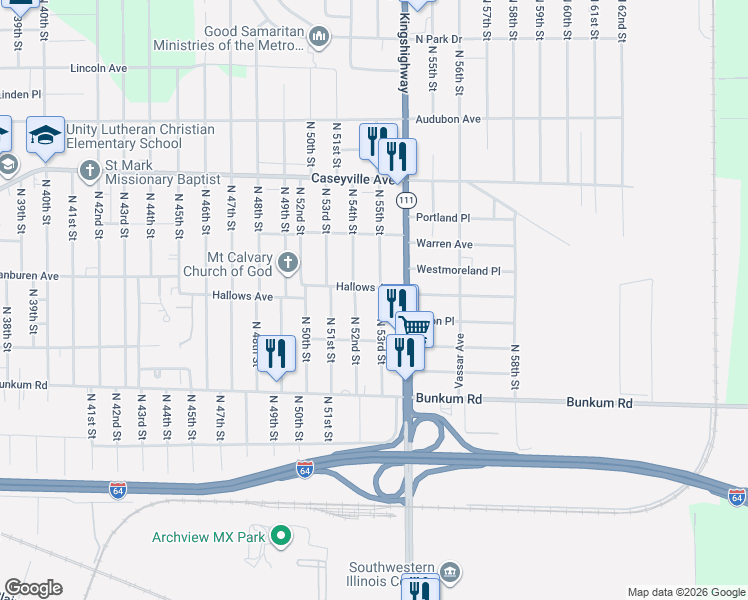 map of restaurants, bars, coffee shops, grocery stores, and more near 1341 North 53rd Street in Washington Park