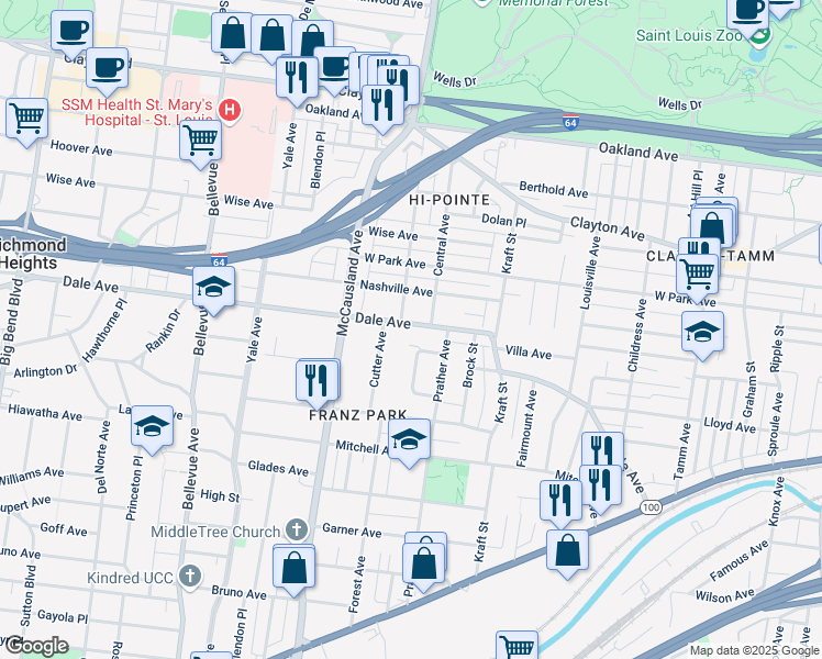 map of restaurants, bars, coffee shops, grocery stores, and more near 6836 Dale Avenue in St. Louis
