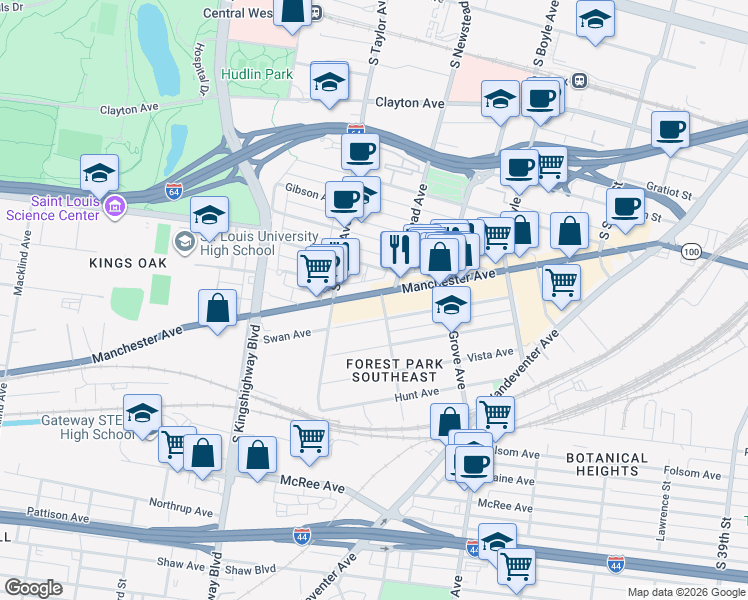 map of restaurants, bars, coffee shops, grocery stores, and more near 4370 Manchester Avenue in St. Louis