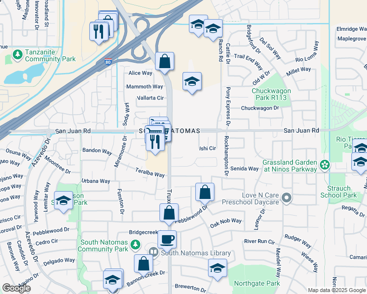 map of restaurants, bars, coffee shops, grocery stores, and more near 3200 Truxel Road in Sacramento