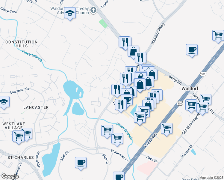 map of restaurants, bars, coffee shops, grocery stores, and more near 11202 Barnswallow Place in Waldorf