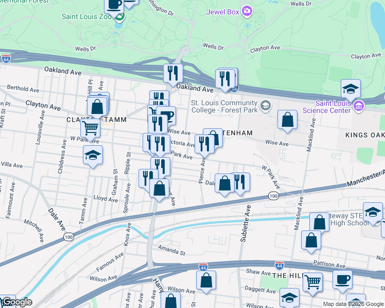 map of restaurants, bars, coffee shops, grocery stores, and more near 5831 West Park Avenue in St. Louis