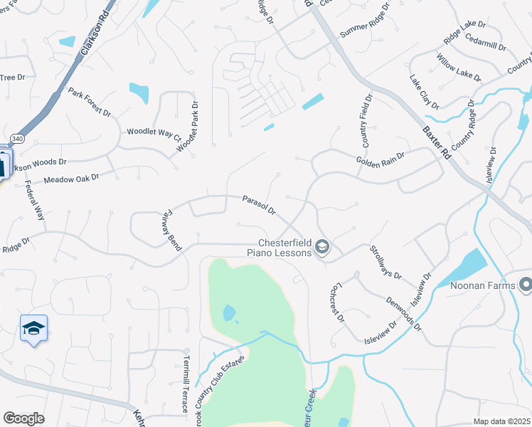 map of restaurants, bars, coffee shops, grocery stores, and more near 2071 Parasol Drive in Chesterfield