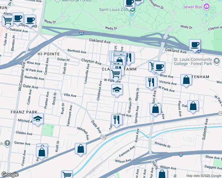 map of restaurants, bars, coffee shops, grocery stores, and more near 6421 Nashville Avenue in St. Louis