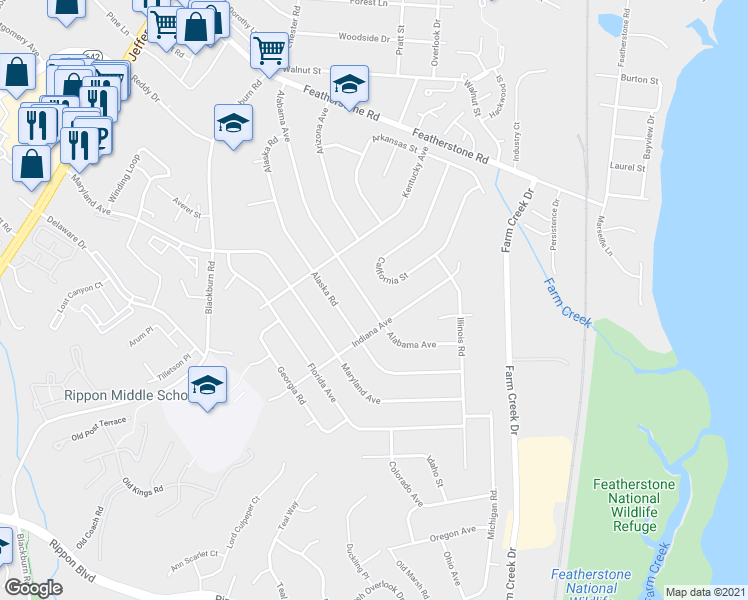 map of restaurants, bars, coffee shops, grocery stores, and more near 15017 Alabama Avenue in Woodbridge
