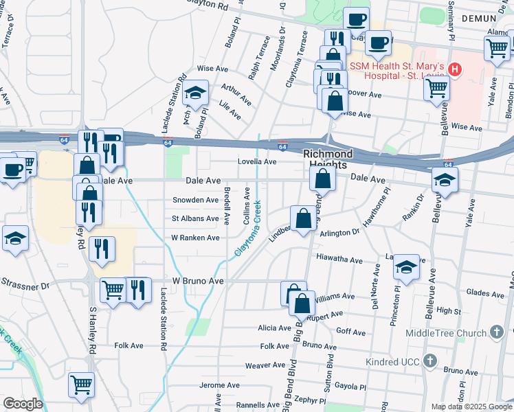 map of restaurants, bars, coffee shops, grocery stores, and more near 1436 Collins Avenue in St. Louis