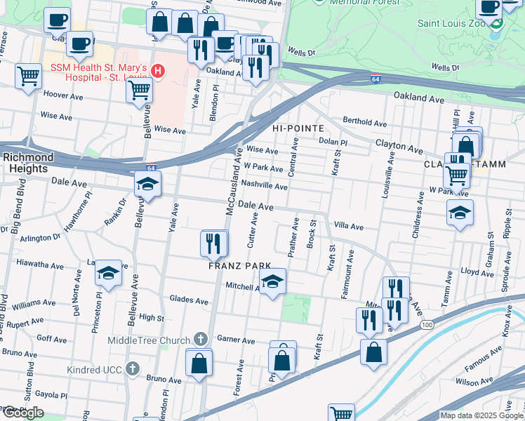 map of restaurants, bars, coffee shops, grocery stores, and more near 6836 Dale Avenue in St. Louis
